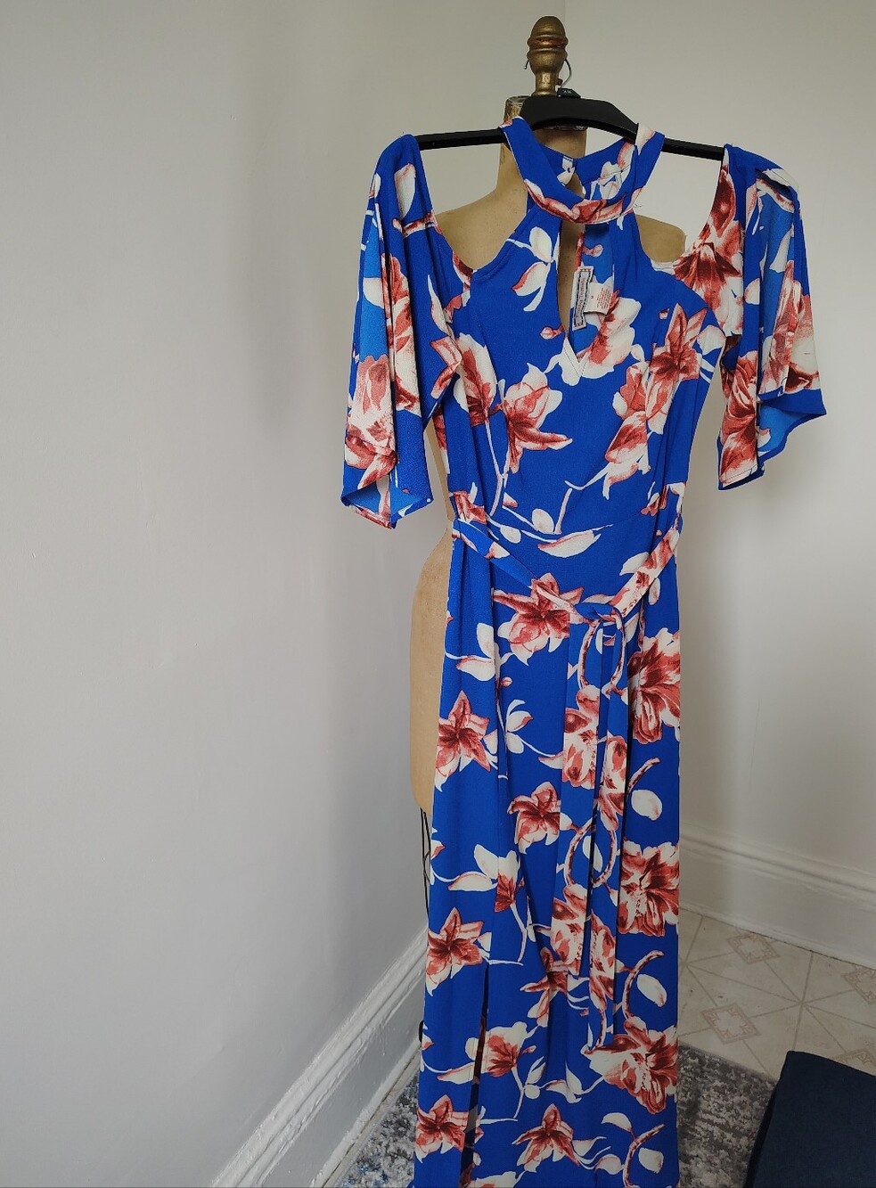 Flying Tomato Royal Blue Floral Cold-Shoulder Maxi Dress